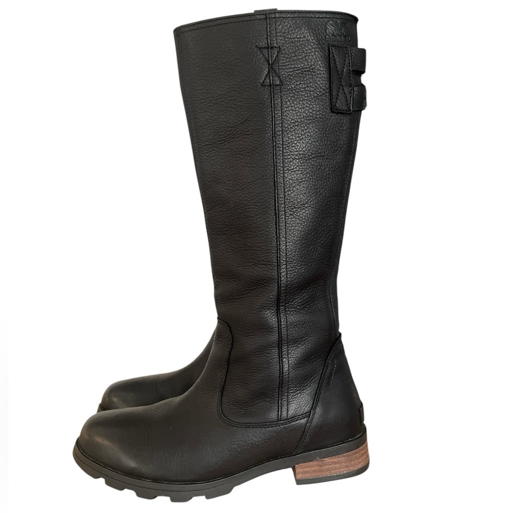 SOREL Emelie Tall Waterproof Leather Riding Boots Black Women 7 Adjustable Calf